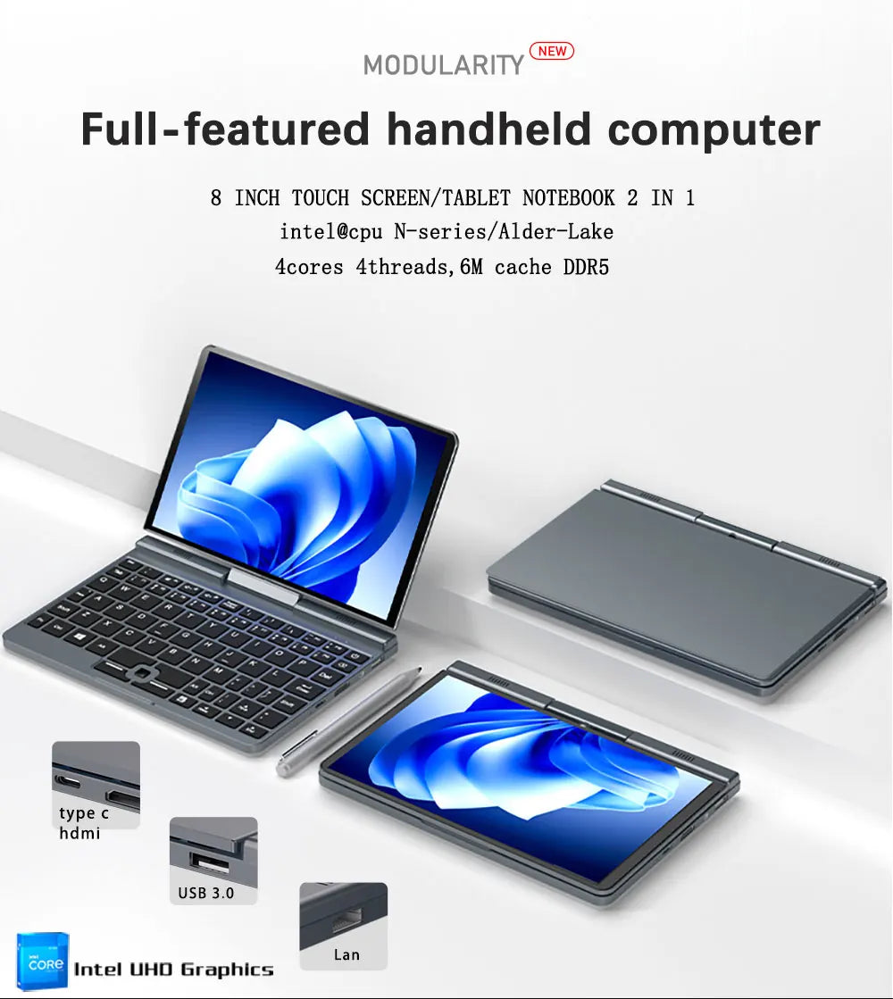 Pocket Laptop 12th Gen Mini Computer Intel Alder Lake N100 4 Core 8" Touch Screen 12G DDR5 Windows 11 Notebook Tablet PC 2 in 1