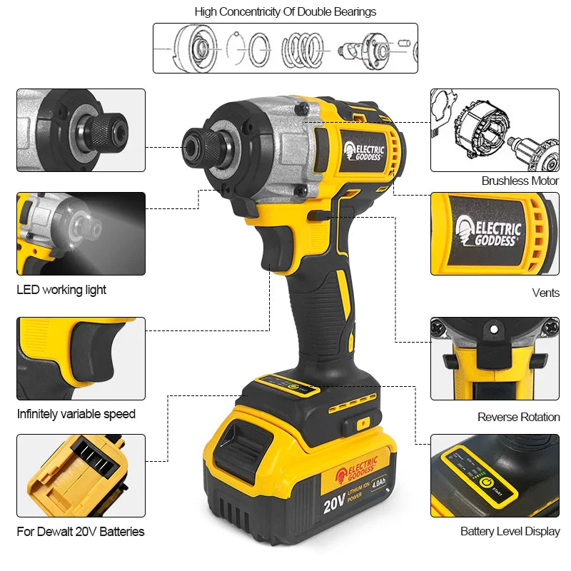 Electric Goddess Brushless Motor Driver Electric Screwdriver 180N.M Cordless Impact Drill For Dewalt 20V Battery Power Tool ﻿