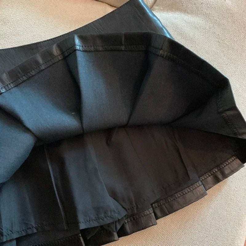 XS-3XL Y2K Pu Leather Mini Skirts Women Streetwear High Waist Pleated Skirt Vintage Korean Black Slim Casual A Line Skirts