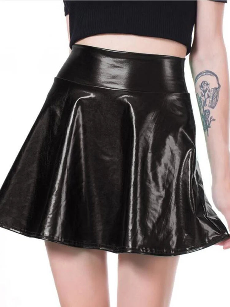 CUHAKCI Short Sexy High Waist Pleated Skirts Women Solid Casual Silver Gold Mini Laser Women Party Club