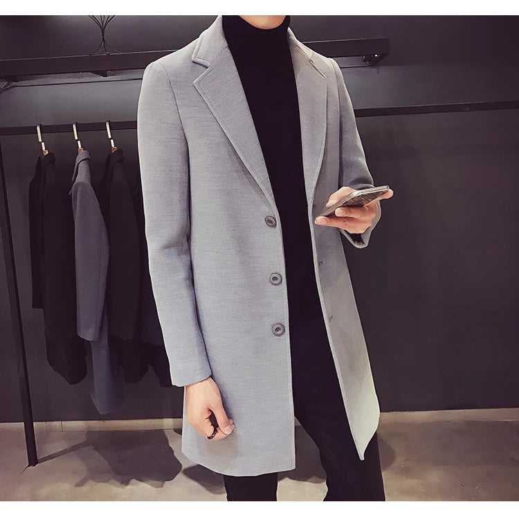 Autumn and Winter Slim Fit Long Wool Coat for Men's Single Breasted Lapel, Street Fashion Business Trench Coat for Men Clothing