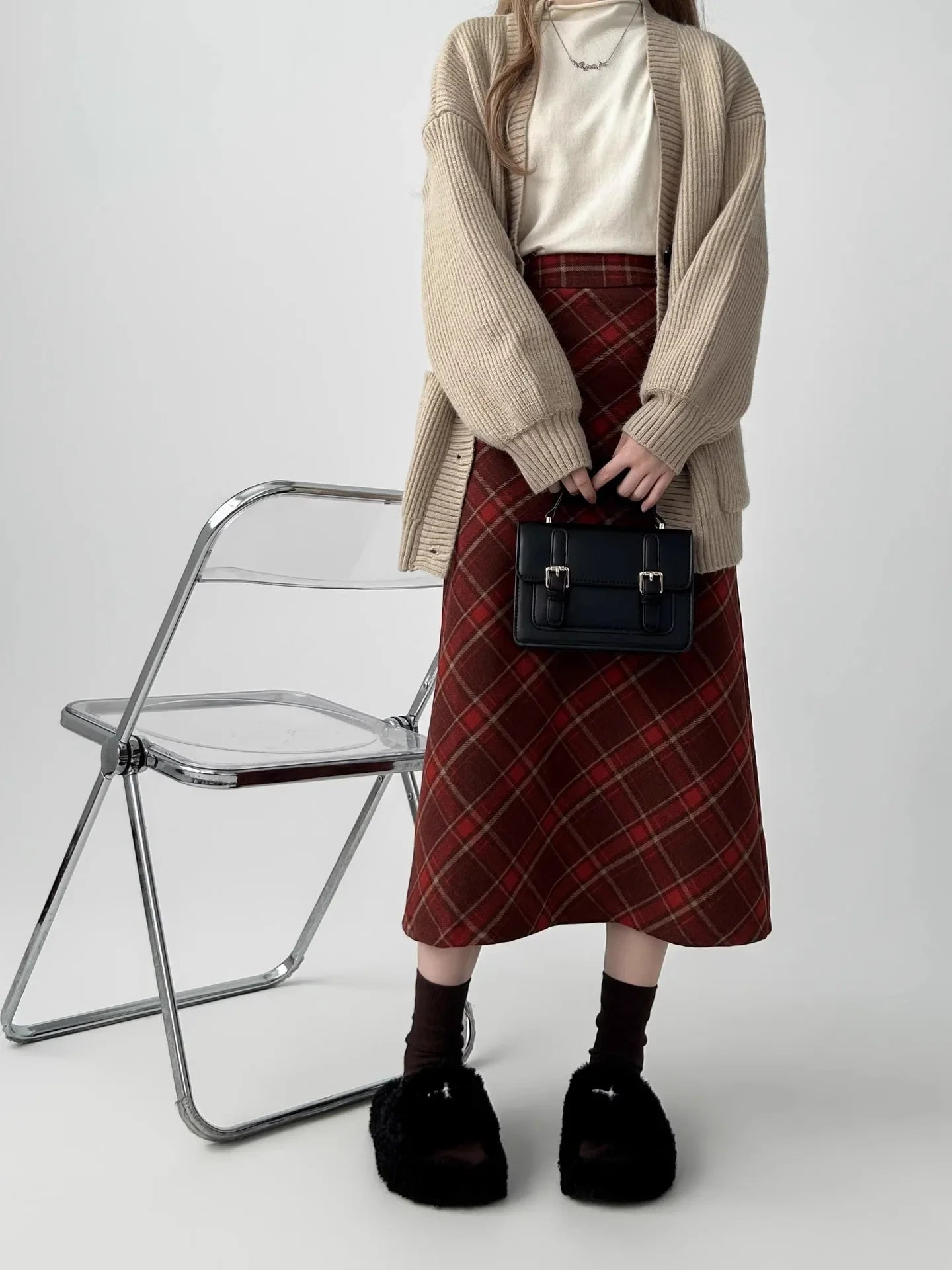 Vintage Plaid Skirt Women's Red Woolen Long Dress Petite Autumn/Winter 2024 Style Medium-Length A- Line Skirt