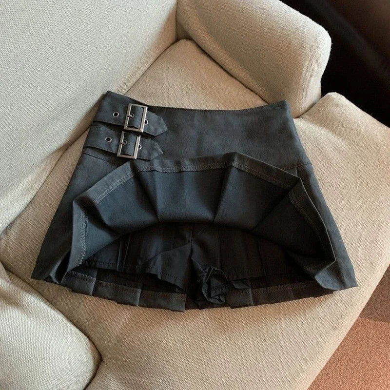 XS-3XL Y2K Pu Leather Mini Skirts Women Streetwear High Waist Pleated Skirt Vintage Korean Black Slim Casual A Line Skirts