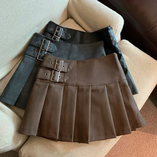 XS-3XL Y2K Pu Leather Mini Skirts Women Streetwear High Waist Pleated Skirt Vintage Korean Black Slim Casual A Line Skirts