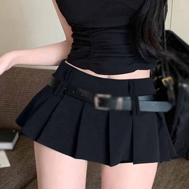 New Y2K Black With Belt Pleated Skirts Women Summer High Waist All-Match A-Line Skirts Harajuku Preppy Casual Mini Skirts