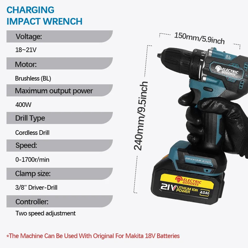 Electric Goddess DDF487 1700rpm Brushless Impact Drill Cordless 10mm Steel Capacity For Makita 18V Battery Power Tool ﻿