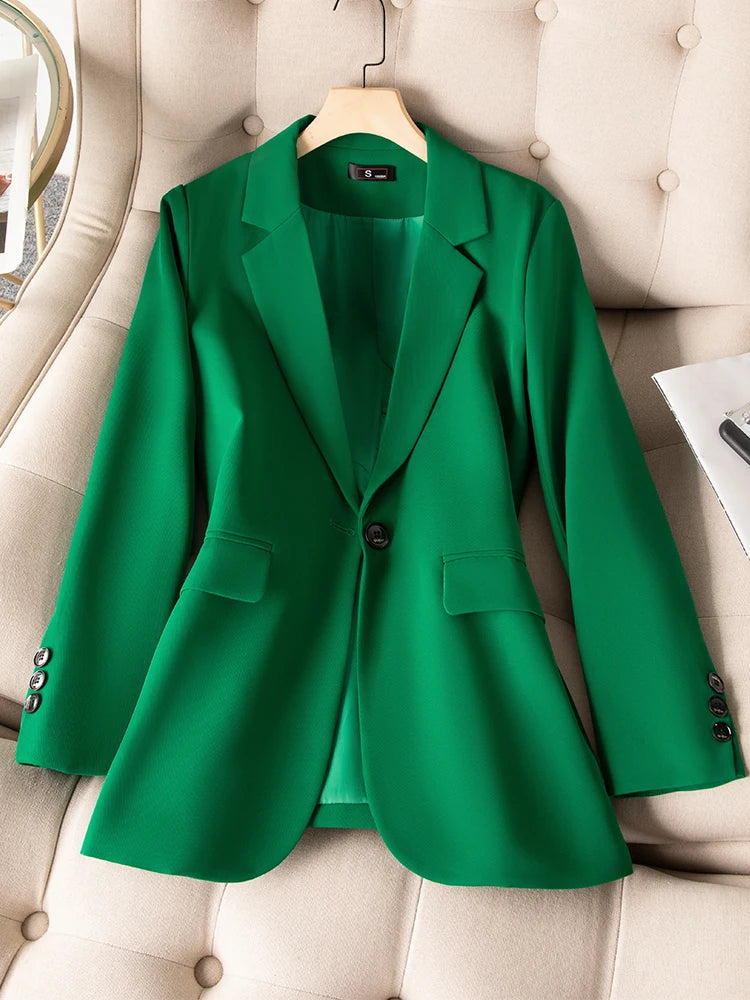 Khaki Black Green Women Solid Formal Blazer Coat Female Long Sleeve Single Button Straight Jacket For Office Ladies Work Wear