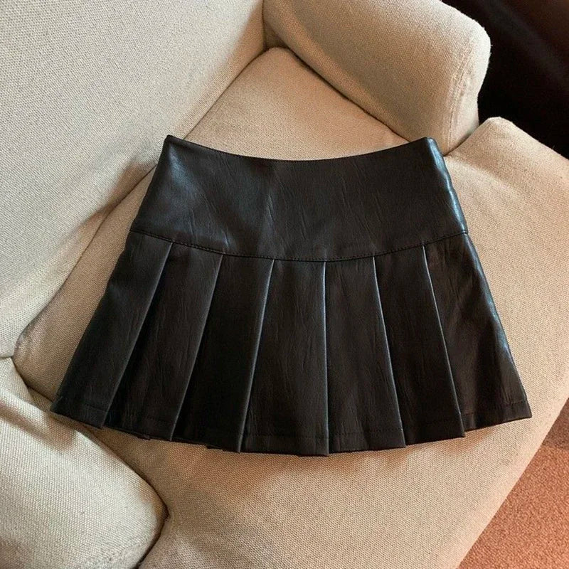 XS-3XL Y2K Pu Leather Mini Skirts Women Streetwear High Waist Pleated Skirt Vintage Korean Black Slim Casual A Line Skirts