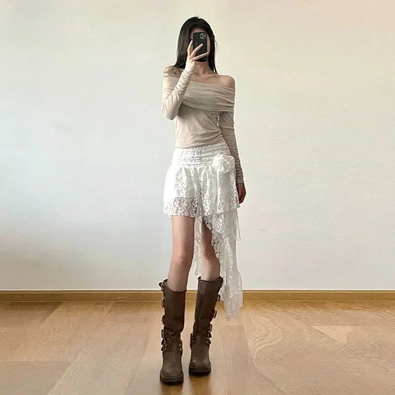 Lace Irregular Streetwear Bohemian Mini Skirts Y2k Aesthetic 3D Flower High Waist Skirt Ruffled Women Fairy Sexy Harajuku