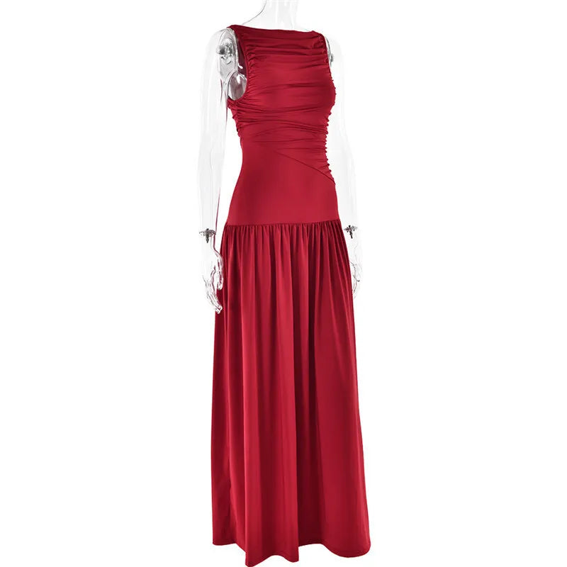 Mozision Elegant Sleeveless Maxi Dress For Women Fashion Solid Boat Neck Tank Dresses Ladies Sexy Ruched Long Dress New Gown