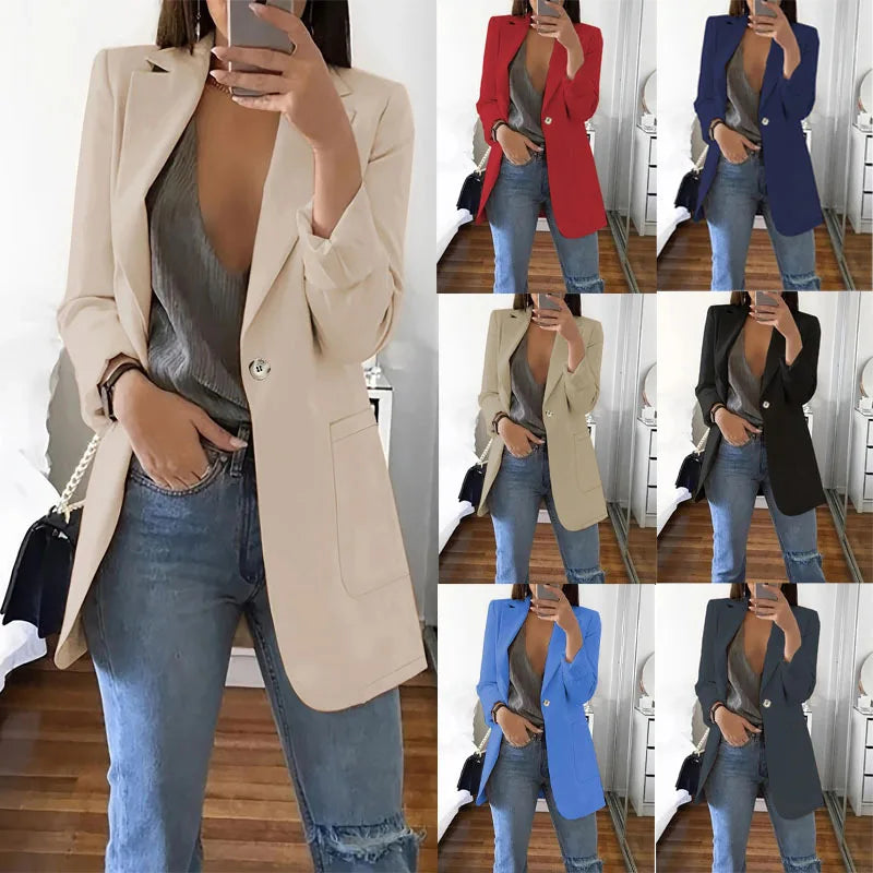 Autumn and winter new solid color suit collar slim fit cardigan temperament single button suit jacket women's clothing