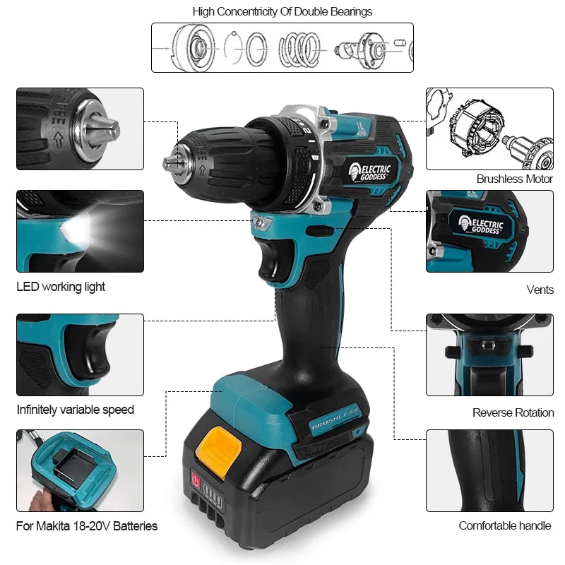 Electric Goddess DDF487 1700rpm Brushless Impact Drill Cordless 10mm Steel Capacity For Makita 18V Battery Power Tool ﻿