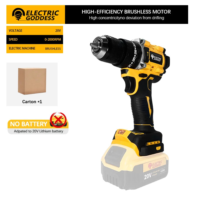 2/1-Inch 2000RPM Cordless Lithium Yellow Percussion Drill Brushless Motor Two-Speed Adjustment Fit 20V DEWALT Batteries