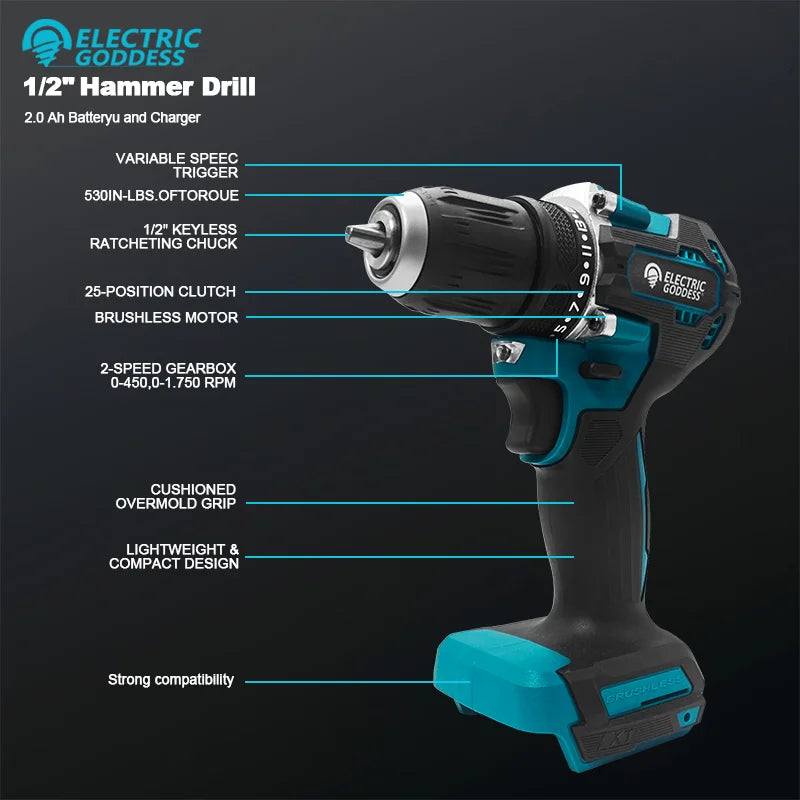 Electric Goddess DDF487 1700rpm Brushless Impact Drill Cordless 10mm Steel Capacity For Makita 18V Battery Power Tool ﻿