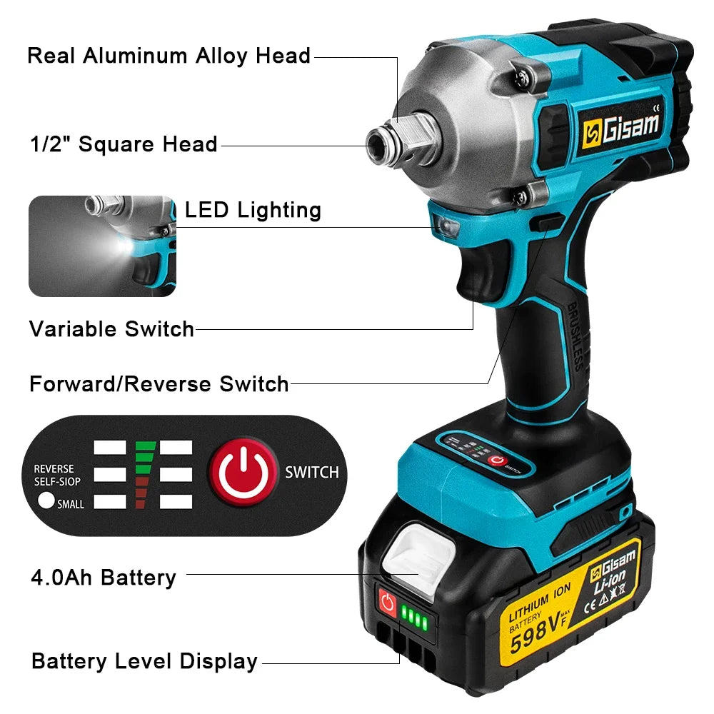 Gisam 1000N.M Torque Brushless Electric Impact Wrench 1/2 Inch Lithium-Ion Battery Cordless Power Tool For Makita 18V Battery