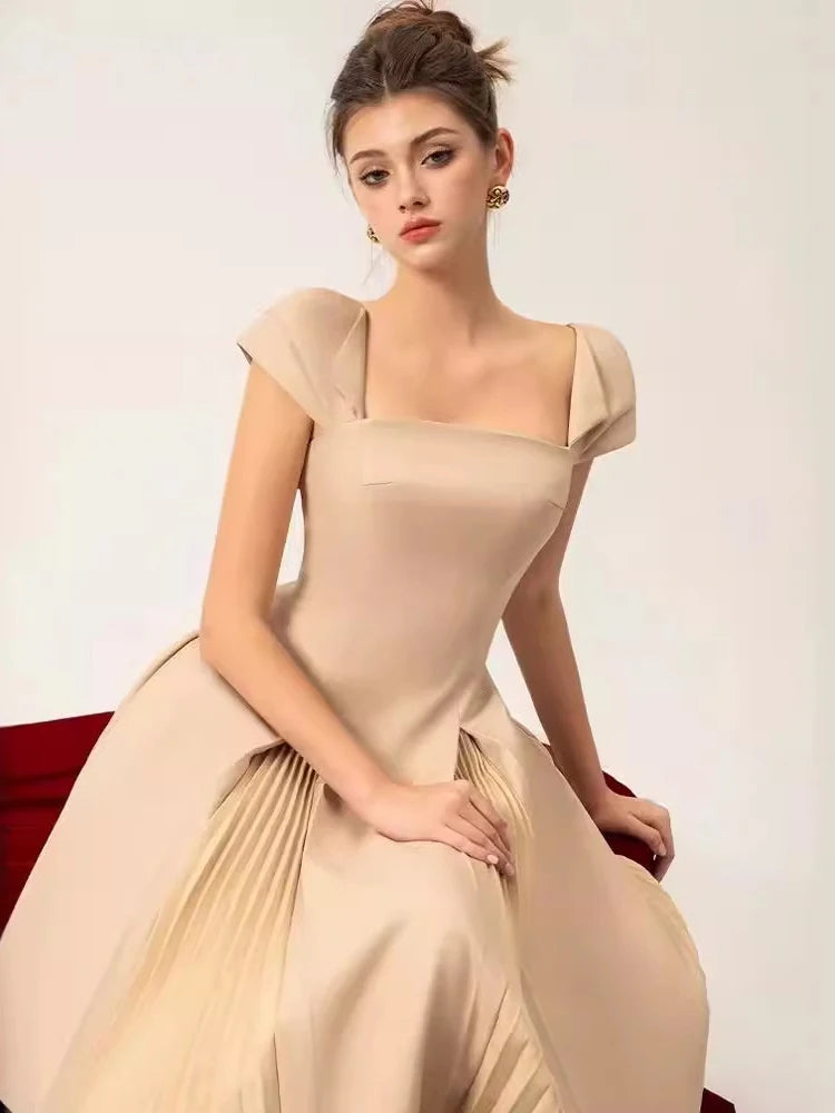 DEAT Elegant Dress Square Collar Backless High Waist Pleated Patchwork Women's Evening Dresses 2024 Summer New Fashion 35Z405