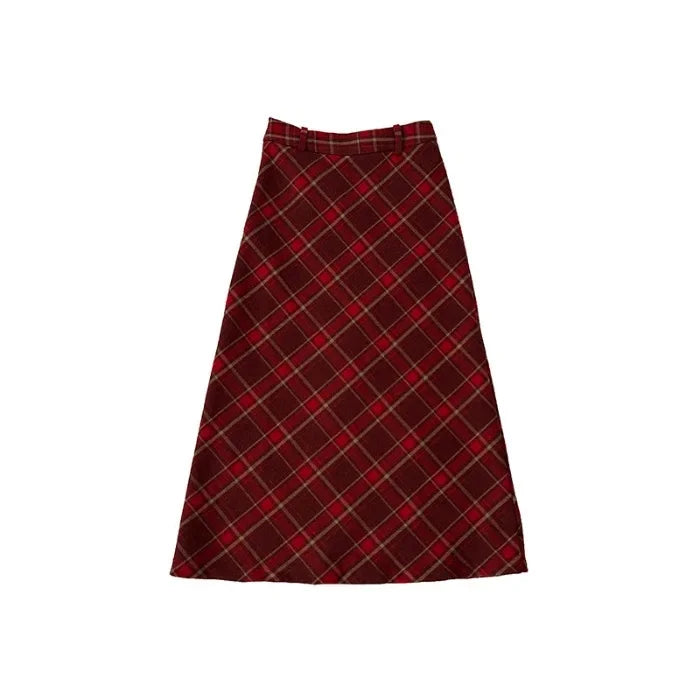 Vintage Plaid Skirt Women's Red Woolen Long Dress Petite Autumn/Winter 2024 Style Medium-Length A- Line Skirt