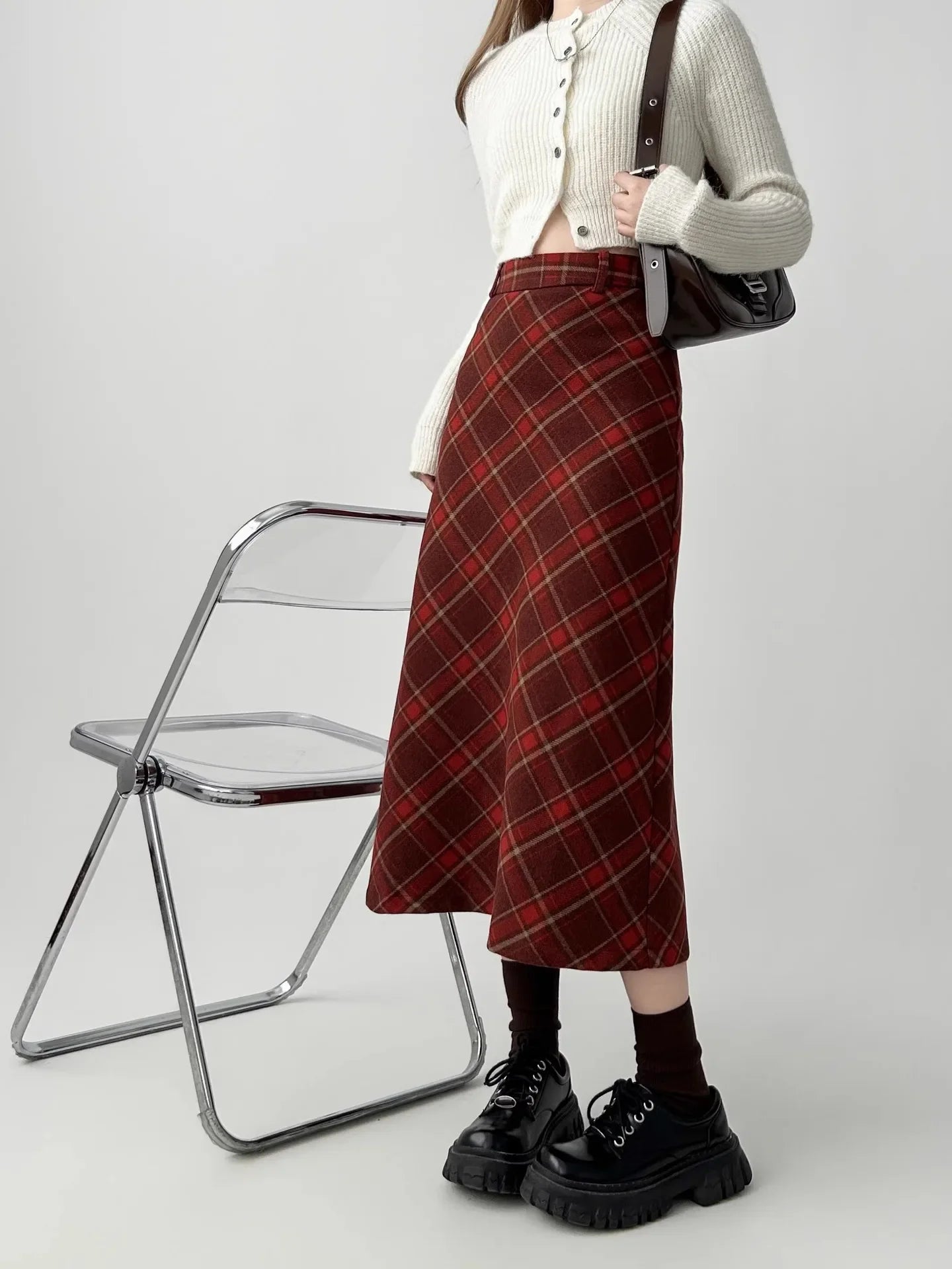 Vintage Plaid Skirt Women's Red Woolen Long Dress Petite Autumn/Winter 2024 Style Medium-Length A- Line Skirt