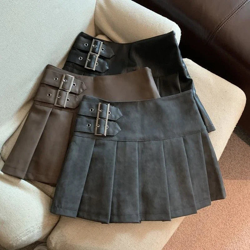 XS-3XL Y2K Pu Leather Mini Skirts Women Streetwear High Waist Pleated Skirt Vintage Korean Black Slim Casual A Line Skirts