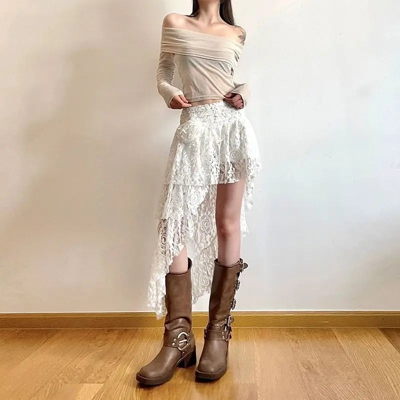 Lace Irregular Streetwear Bohemian Mini Skirts Y2k Aesthetic 3D Flower High Waist Skirt Ruffled Women Fairy Sexy Harajuku