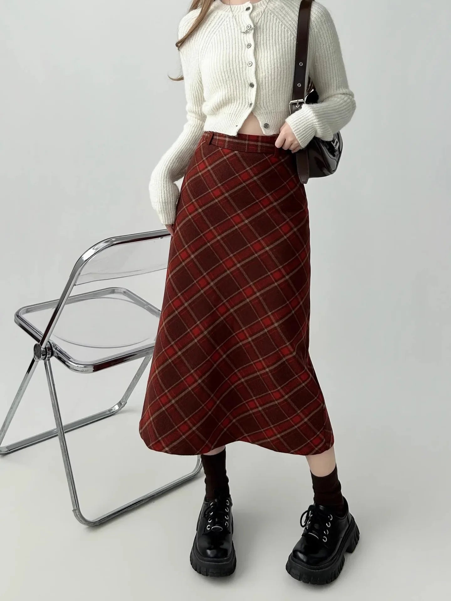 Vintage Plaid Skirt Women's Red Woolen Long Dress Petite Autumn/Winter 2024 Style Medium-Length A- Line Skirt