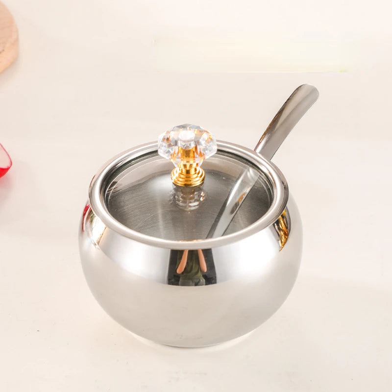 Gold and Silver Household Kitchen Condiment Pots for Serving Sugar Pepper Salt Spice Stainless Steel Sugar Bowl with Lid & Spoon