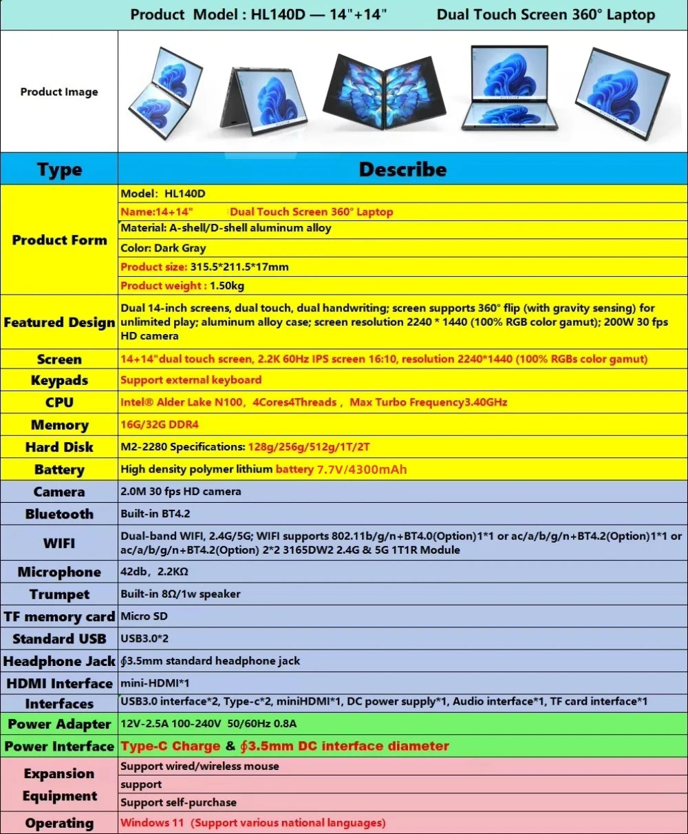 2024 New Dual Display Business Laptop Dual 14 inch Touch 2in1 Intel N100 12th DDR4 16GB 32GB Double Full Touch Screen Laptop