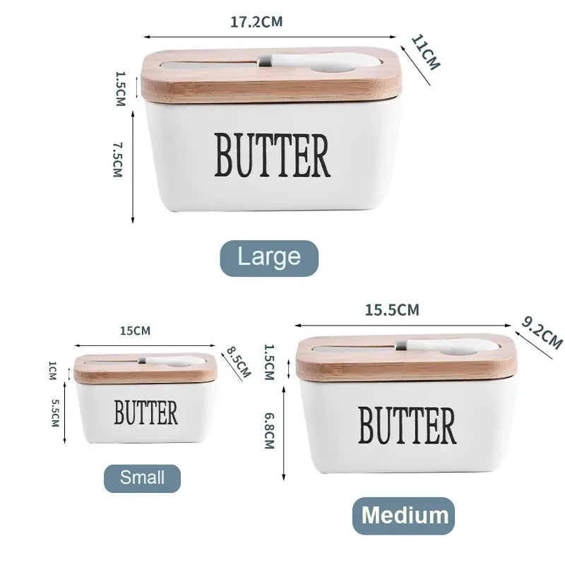 Ceramic Butter Container Box Restaurant Sealed Storage Box Cheese Box with Knife Bamboo Lid Butter Slicer Butter Dish Tableware