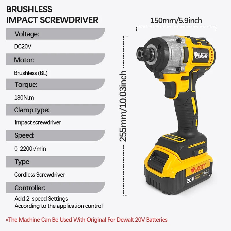 Electric Goddess Brushless Motor Driver Electric Screwdriver 180N.M Cordless Impact Drill For Dewalt 20V Battery Power Tool ﻿