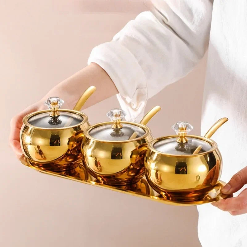 Gold and Silver Household Kitchen Condiment Pots for Serving Sugar Pepper Salt Spice Stainless Steel Sugar Bowl with Lid & Spoon