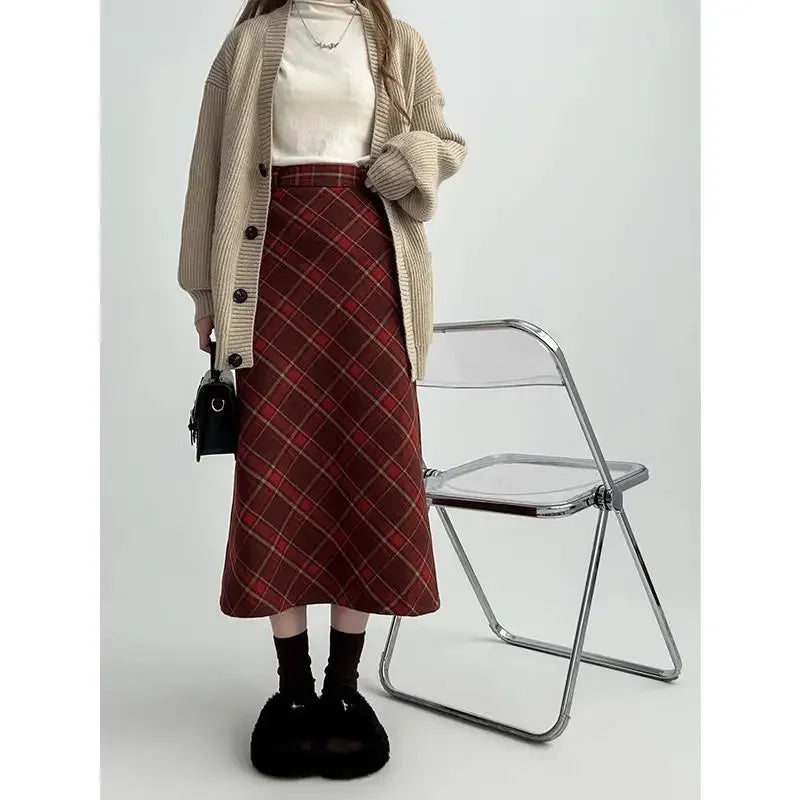 Vintage Plaid Skirt Women's Red Woolen Long Dress Petite Autumn/Winter 2024 Style Medium-Length A- Line Skirt