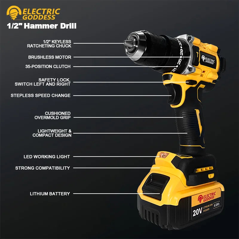 2/1-Inch 2000RPM Cordless Lithium Yellow Percussion Drill Brushless Motor Two-Speed Adjustment Fit 20V DEWALT Batteries