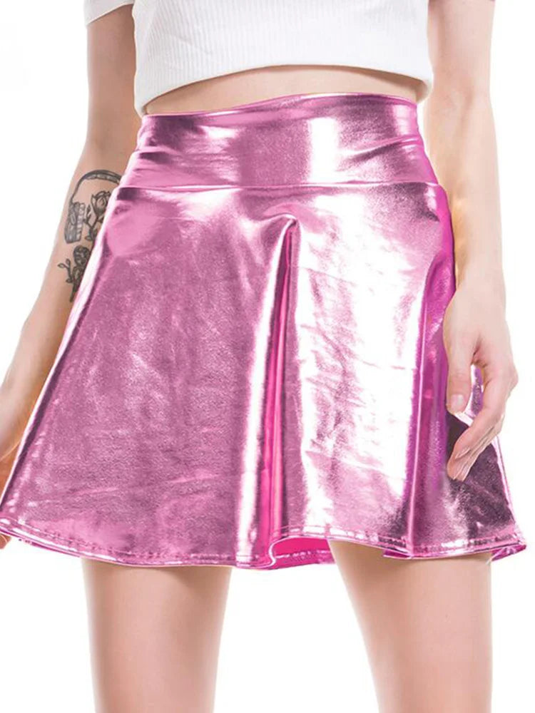 CUHAKCI Short Sexy High Waist Pleated Skirts Women Solid Casual Silver Gold Mini Laser Women Party Club