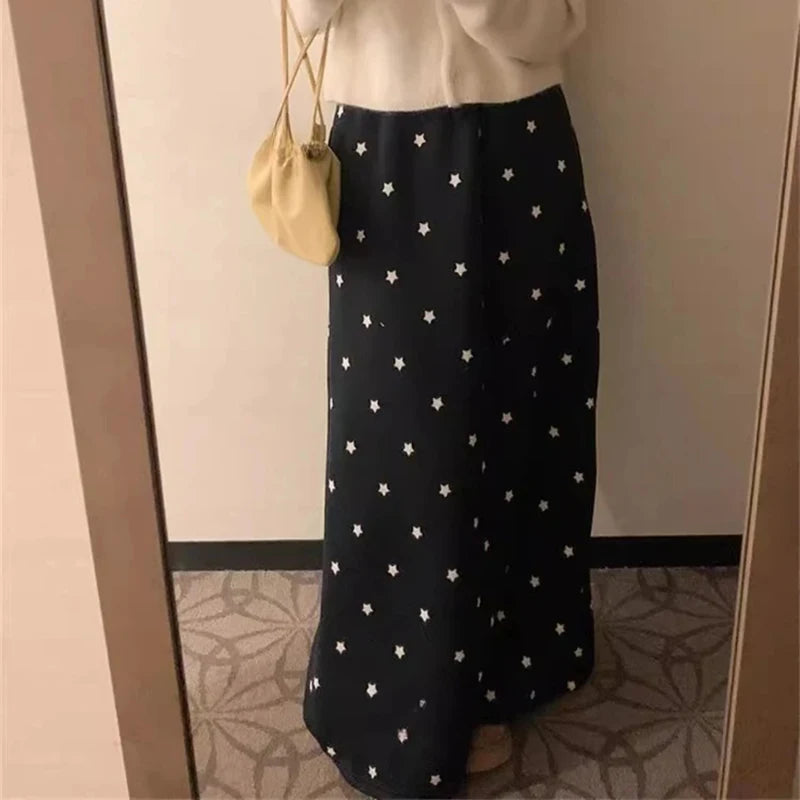 2025 Faldas Mujer De Moda Fashion Thicked Skirt Korean Long Skirts Women Elastic Waistband Bandage Jupe Star Print Casual Saia