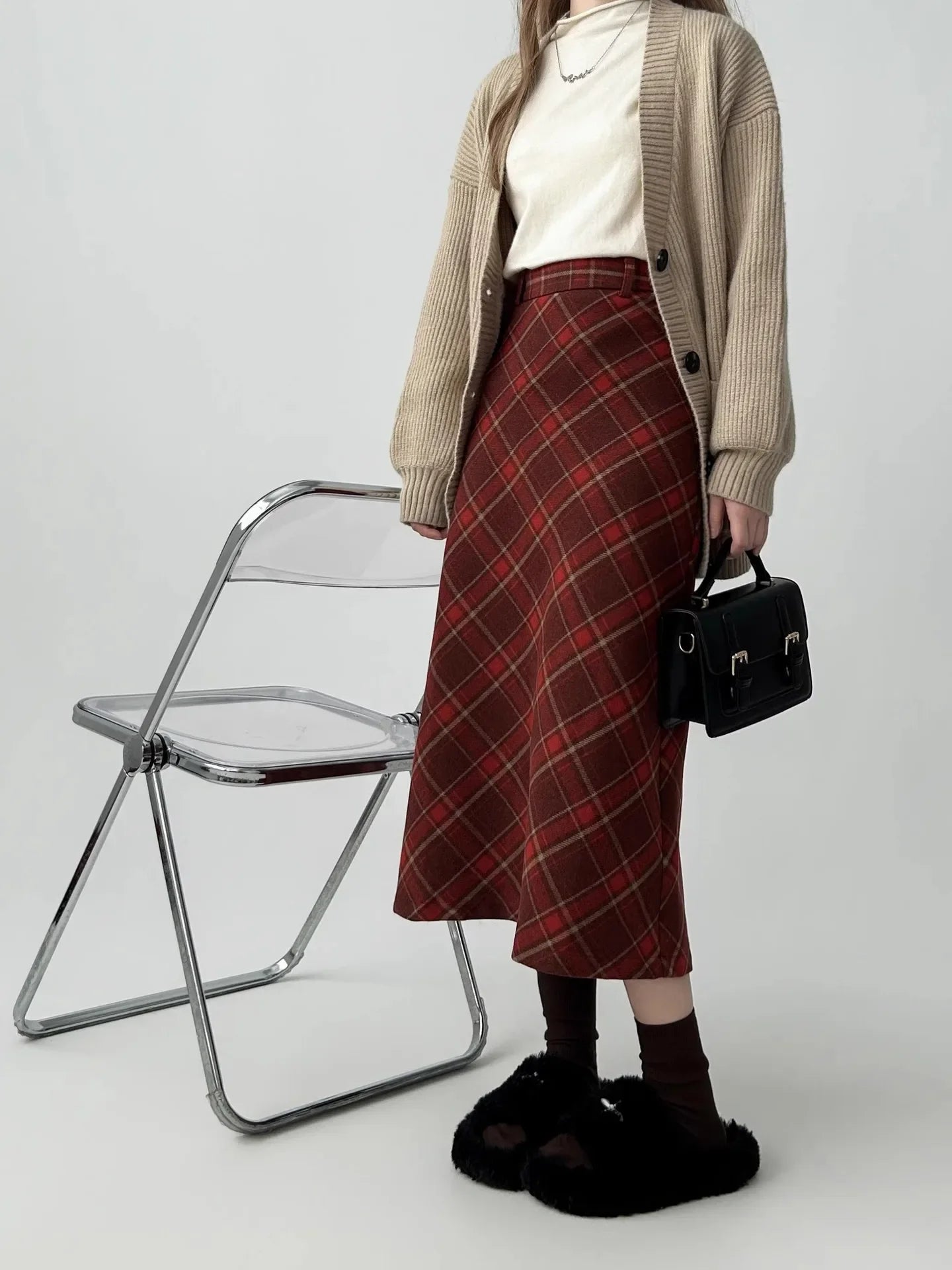 Vintage Plaid Skirt Women's Red Woolen Long Dress Petite Autumn/Winter 2024 Style Medium-Length A- Line Skirt