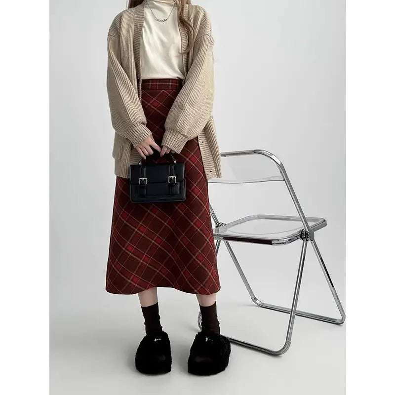 Vintage Plaid Skirt Women's Red Woolen Long Dress Petite Autumn/Winter 2024 Style Medium-Length A- Line Skirt