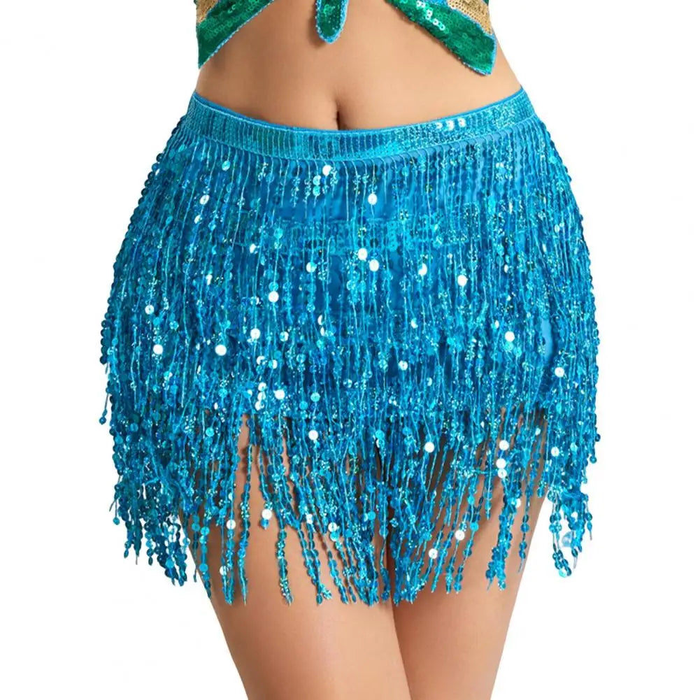 Exotic Style Belly Dance Skirt Sequin Tassel Waist Hip Scarf Tie Up Adjustable Skirt Mesh Mini Skirt Wrap Stage Performance