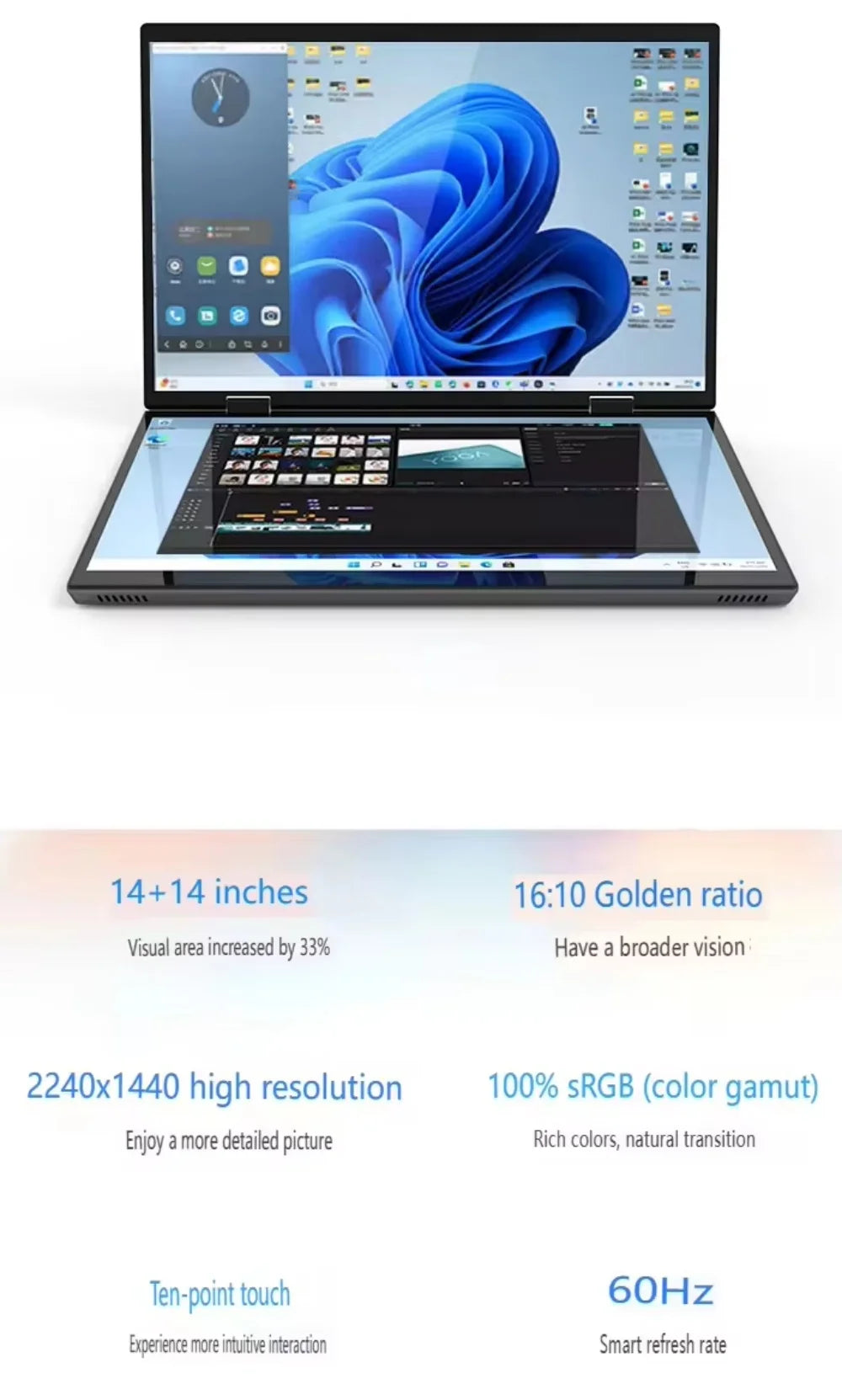 2024 New Dual Display Business Laptop Dual 14 inch Touch 2in1 Intel N100 12th DDR4 16GB 32GB Double Full Touch Screen Laptop