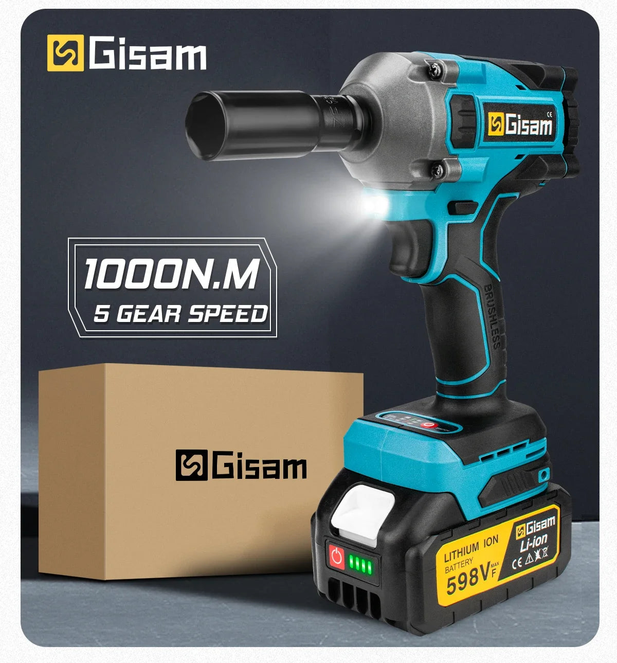 Gisam 1000NM Brushless Electric Impact Wrench Rechargeable Wrench 1/2" Variable Car Repair Power Tool For Makita 18V Battery