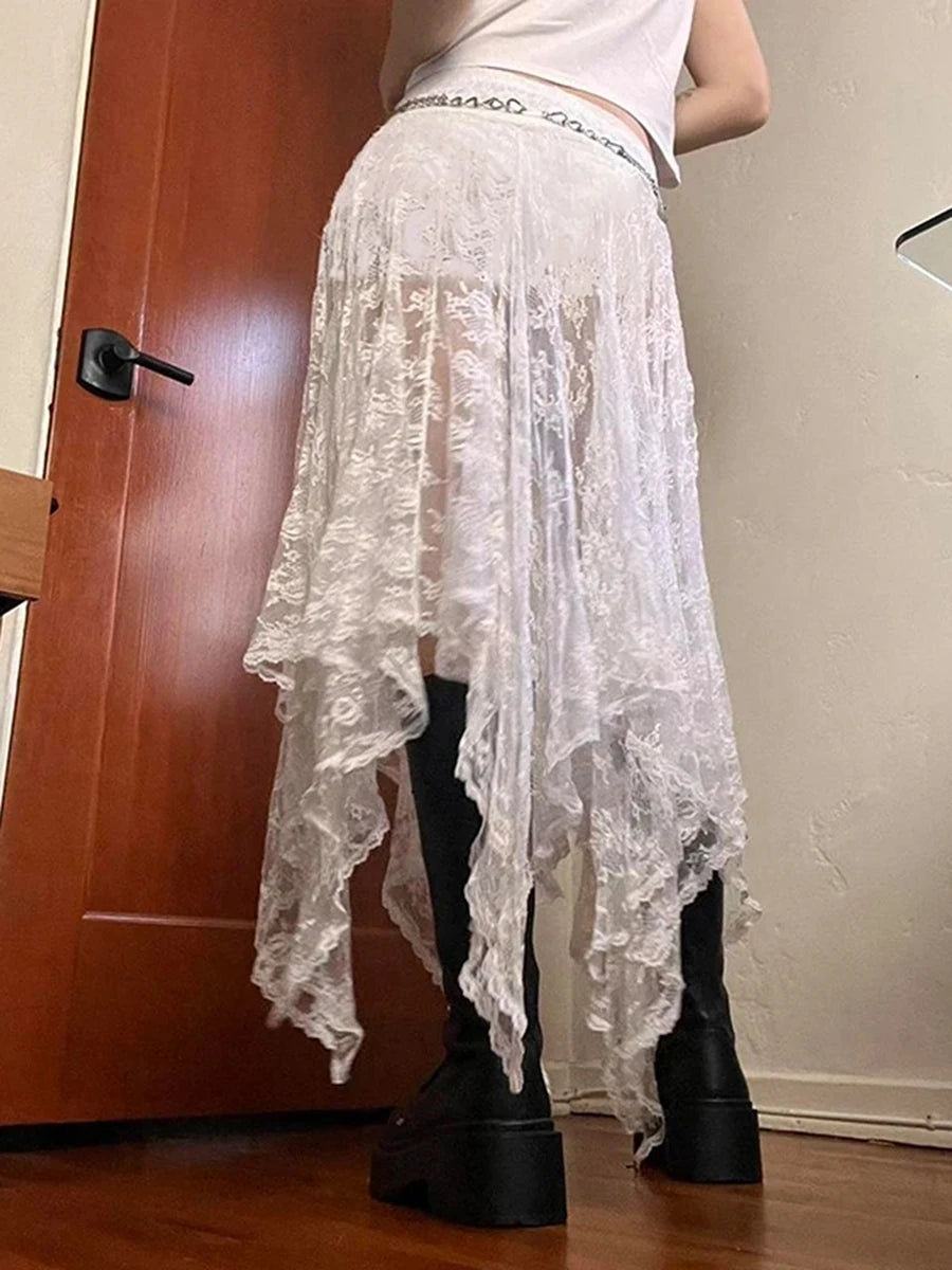 Women Solid Color Elastic Lace Skirt Casual Summer Sheer Irregular A-Line Skirt for Vacation Club Streetwear Aesthetic Clothes