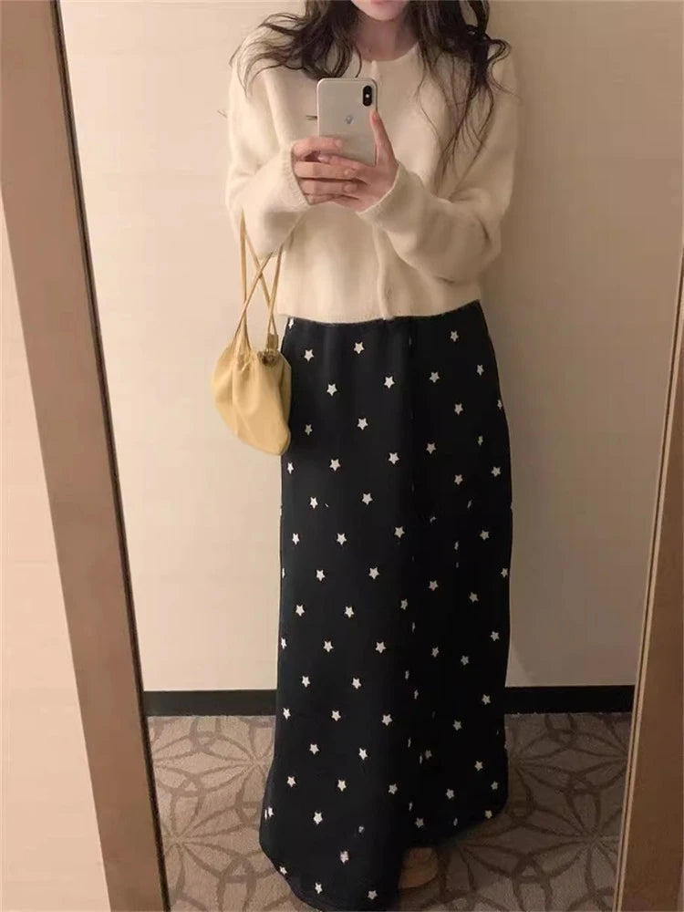 2025 Faldas Mujer De Moda Fashion Thicked Skirt Korean Long Skirts Women Elastic Waistband Bandage Jupe Star Print Casual Saia