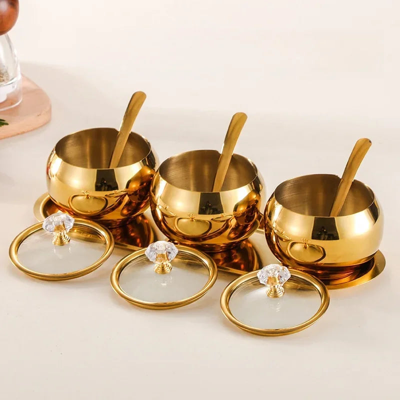 Gold and Silver Household Kitchen Condiment Pots for Serving Sugar Pepper Salt Spice Stainless Steel Sugar Bowl with Lid & Spoon