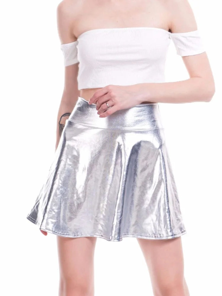 CUHAKCI Short Sexy High Waist Pleated Skirts Women Solid Casual Silver Gold Mini Laser Women Party Club