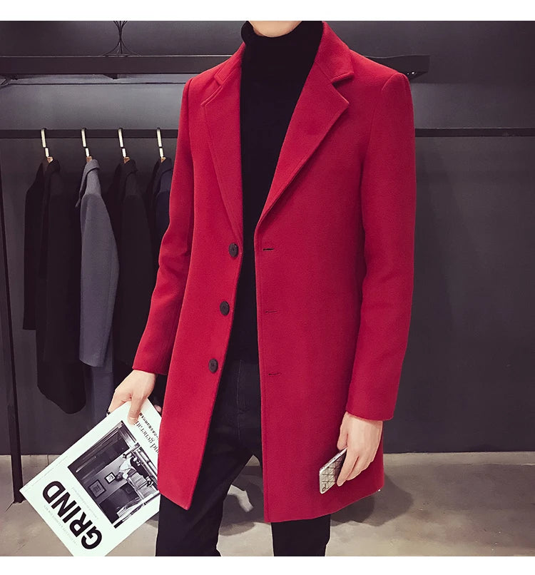 Autumn and Winter Slim Fit Long Wool Coat for Men's Single Breasted Lapel, Street Fashion Business Trench Coat for Men Clothing