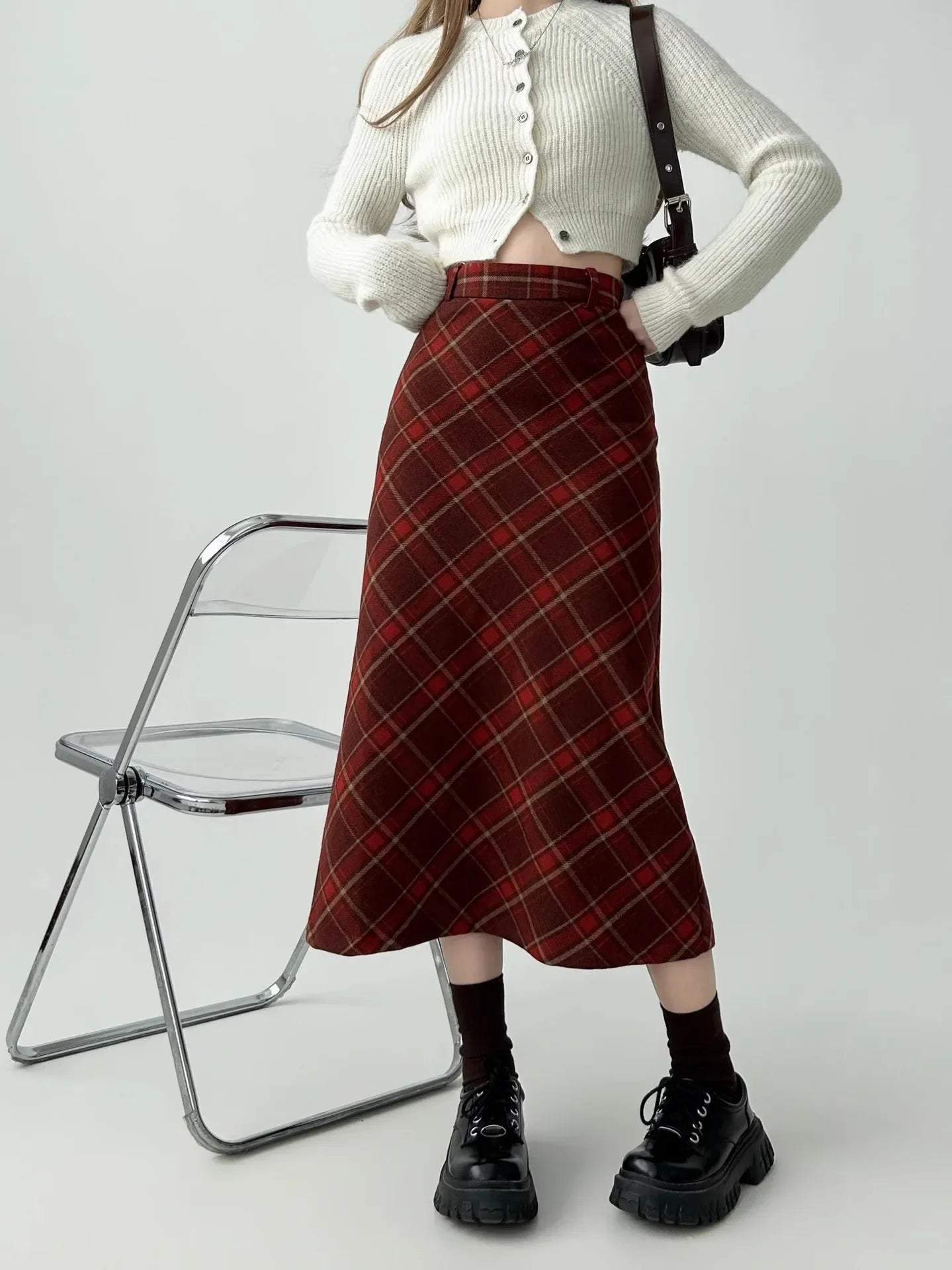 Vintage Plaid Skirt Women's Red Woolen Long Dress Petite Autumn/Winter 2024 Style Medium-Length A- Line Skirt