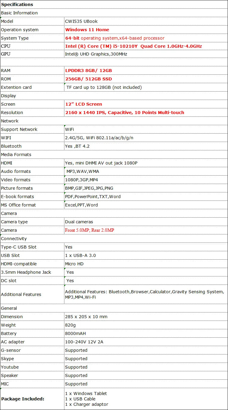 12” CHUWI LPDDR3 8GB/ 12GB RAM 256GB/ 512GB SSD ROM Tablet PC CWI535 UBook Windows 11 Home 2160 x 1440 IPS Intel Core i5-10210Y