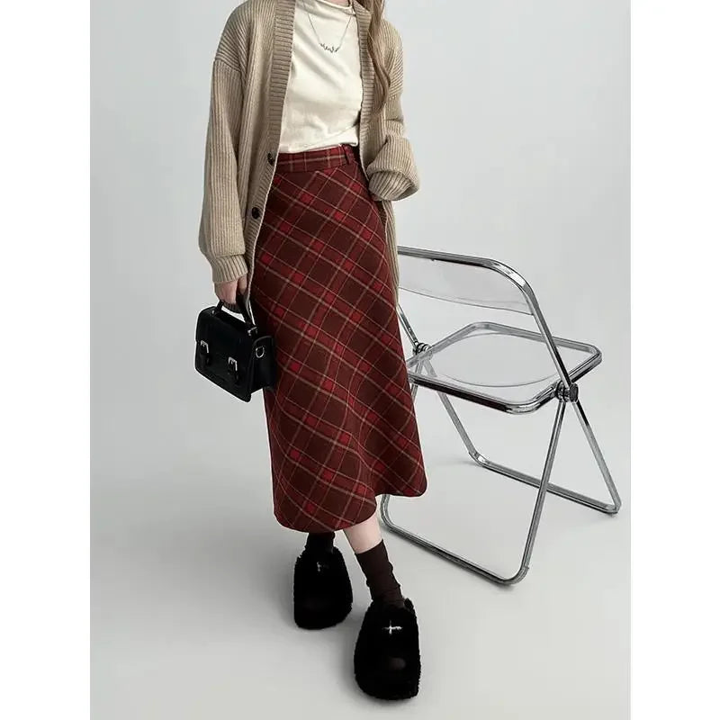 Vintage Plaid Skirt Women's Red Woolen Long Dress Petite Autumn/Winter 2024 Style Medium-Length A- Line Skirt