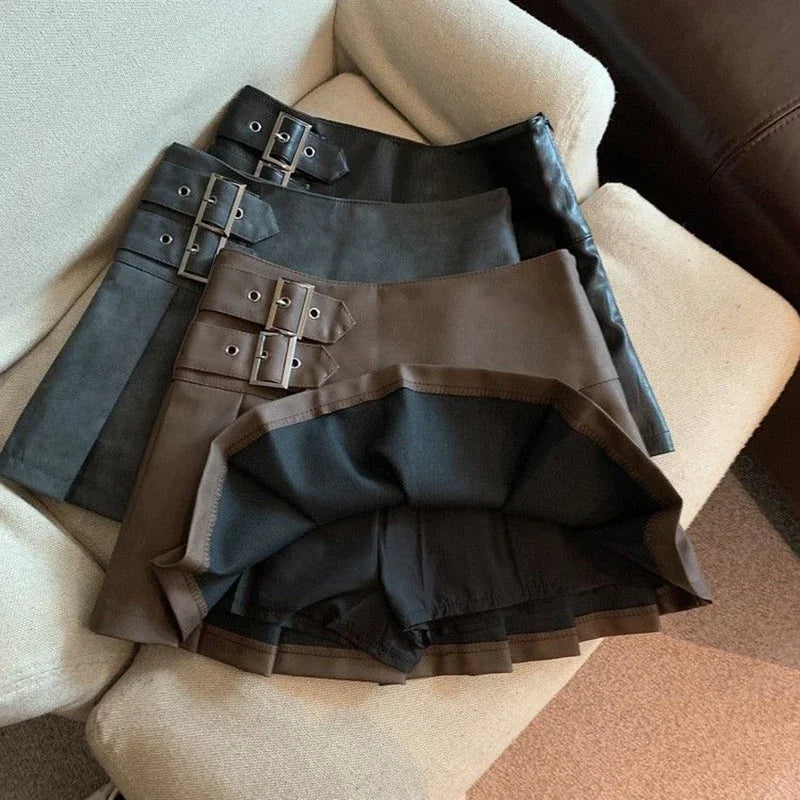 XS-3XL Y2K Pu Leather Mini Skirts Women Streetwear High Waist Pleated Skirt Vintage Korean Black Slim Casual A Line Skirts