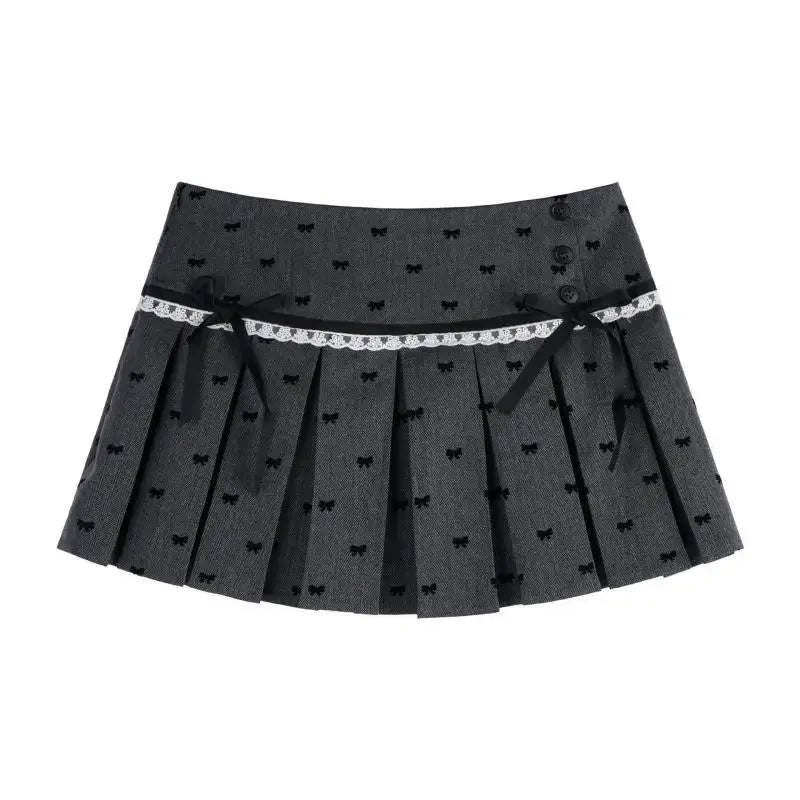 College Style Gray Bow Lace Mini Plaid Skirt for Women Summer New Chic Spicy Girl High Waist Slim A-line Short Skirts for Women