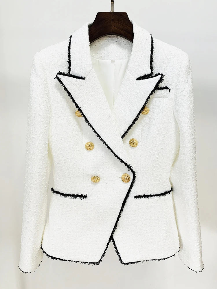 HIGH STREET Newest Fashion 2024 Designer Jacket Women's Slim Fitting Lion Buttons Contrast Color Fringed Tweed Blazer